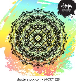 Beautiful vector hand drawn Indian ornament mandala on grunge background in watercolor style. Can be used to print on the phone, to create a poster, tattoo, yoga Mat.