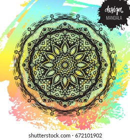 Beautiful vector hand drawn Indian ornament mandala on grunge background in watercolor style. Can be used to print on the phone, to create a poster, tattoo, yoga Mat.