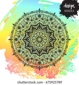 Beautiful vector hand drawn Indian ornament mandala on grunge background in watercolor style. Can be used to print on the phone, to create a poster, tattoo, yoga Mat.