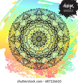 Beautiful vector hand drawn Indian ornament mandala on grunge background in watercolor style. Can be used to print on the phone, to create a poster, tattoo, yoga Mat.