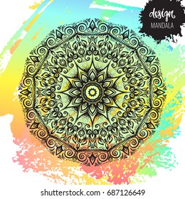 Beautiful vector hand drawn Indian ornament mandala on grunge background in watercolor style. Can be used to print on the phone, to create a poster, tattoo, yoga Mat.