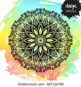 Beautiful vector hand drawn Indian ornament mandala on grunge background in watercolor style. Can be used to print on the phone, to create a poster, tattoo, yoga Mat.