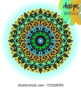 Beautiful vector hand drawn Indian ornament mandala on grunge background in watercolor style. Can be used to print on the phone, to create a poster, tattoo, yoga Mat.