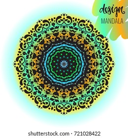 Beautiful vector hand drawn Indian ornament mandala on grunge background in watercolor style. Can be used to print on the phone, to create a poster, tattoo, yoga Mat.