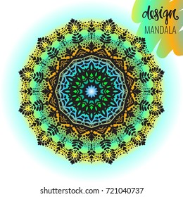 Beautiful vector hand drawn Indian ornament mandala on grunge background in watercolor style. Can be used to print on the phone, to create a poster, tattoo, yoga Mat.