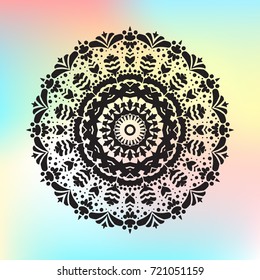 Beautiful vector hand drawn Indian ornament mandala on grunge background in watercolor style. Can be used to print on the phone, to create a poster, tattoo, yoga Mat.