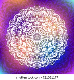 Beautiful vector hand drawn Indian ornament mandala on grunge background in watercolor style. Can be used to print on the phone, to create a poster, tattoo, yoga Mat.