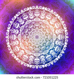Beautiful vector hand drawn Indian ornament mandala on grunge background in watercolor style. Can be used to print on the phone, to create a poster, tattoo, yoga Mat.