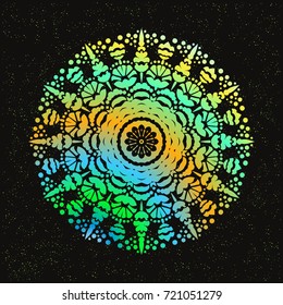 Beautiful vector hand drawn Indian ornament mandala on grunge background in watercolor style. Can be used to print on the phone, to create a poster, tattoo, yoga Mat.
