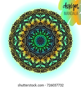 Beautiful vector hand drawn Indian ornament mandala on grunge background in watercolor style. Can be used to print on the phone, to create a poster, tattoo, yoga Mat.