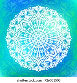 Beautiful vector hand drawn Indian ornament mandala on grunge background in watercolor style. Can be used to print on the phone, to create a poster, tattoo, yoga Mat.