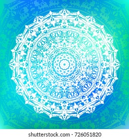 Beautiful vector hand drawn Indian ornament mandala on grunge background in watercolor style. Can be used to print on the phone, to create a poster, tattoo, yoga Mat.