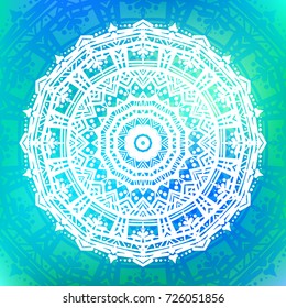 Beautiful vector hand drawn Indian ornament mandala on grunge background in watercolor style. Can be used to print on the phone, to create a poster, tattoo, yoga Mat.
