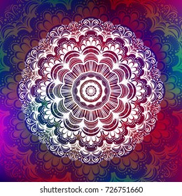 Beautiful vector hand drawn Indian ornament mandala on grunge background in watercolor style. Can be used to print on the phone, to create a poster, tattoo, yoga Mat.