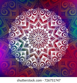 Beautiful vector hand drawn Indian ornament mandala on grunge background in watercolor style. Can be used to print on the phone, to create a poster, tattoo, yoga Mat.