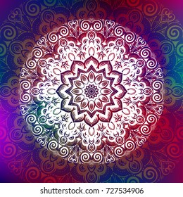 Beautiful vector hand drawn Indian ornament mandala on grunge background in watercolor style. Can be used to print on the phone, to create a poster, tattoo, yoga Mat.