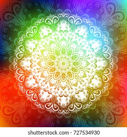 Beautiful vector hand drawn Indian ornament mandala on grunge background in watercolor style. Can be used to print on the phone, to create a poster, tattoo, yoga Mat.