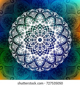 Beautiful vector hand drawn Indian ornament mandala on grunge background in watercolor style. Can be used to print on the phone, to create a poster, tattoo, yoga Mat.