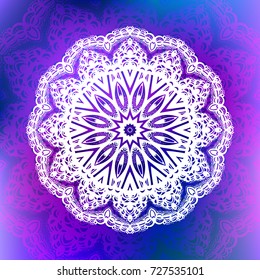 Beautiful vector hand drawn Indian ornament mandala on grunge background in watercolor style. Can be used to print on the phone, to create a poster, tattoo, yoga Mat.