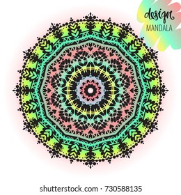Beautiful vector hand drawn Indian ornament mandala on grunge background in watercolor style. Can be used to print on the phone, to create a poster, tattoo, yoga Mat.