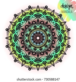 Beautiful vector hand drawn Indian ornament mandala on grunge background in watercolor style. Can be used to print on the phone, to create a poster, tattoo, yoga Mat.
