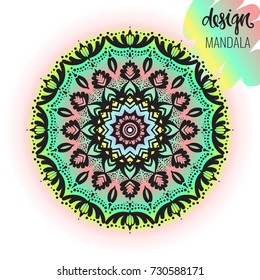 Beautiful vector hand drawn Indian ornament mandala on grunge background in watercolor style. Can be used to print on the phone, to create a poster, tattoo, yoga Mat.