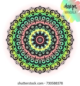 Beautiful vector hand drawn Indian ornament mandala on grunge background in watercolor style. Can be used to print on the phone, to create a poster, tattoo, yoga Mat.
