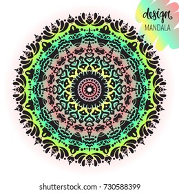 Beautiful vector hand drawn Indian ornament mandala on grunge background in watercolor style. Can be used to print on the phone, to create a poster, tattoo, yoga Mat.