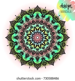 Beautiful vector hand drawn Indian ornament mandala on grunge background in watercolor style. Can be used to print on the phone, to create a poster, tattoo, yoga Mat.