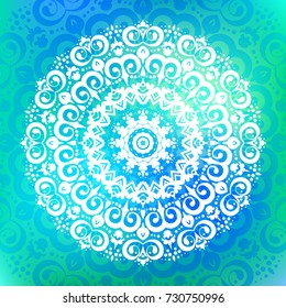 Beautiful vector hand drawn Indian ornament mandala on grunge background in watercolor style. Can be used to print on the phone, to create a poster, tattoo, yoga Mat.
