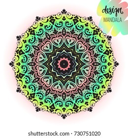 Beautiful vector hand drawn Indian ornament mandala on grunge background in watercolor style. Can be used to print on the phone, to create a poster, tattoo, yoga Mat.