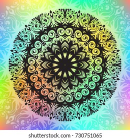 Beautiful vector hand drawn Indian ornament mandala on grunge background in watercolor style. Can be used to print on the phone, to create a poster, tattoo, yoga Mat.