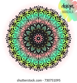 Beautiful vector hand drawn Indian ornament mandala on grunge background in watercolor style. Can be used to print on the phone, to create a poster, tattoo, yoga Mat.