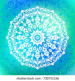 Beautiful vector hand drawn Indian ornament mandala on grunge background in watercolor style. Can be used to print on the phone, to create a poster, tattoo, yoga Mat.