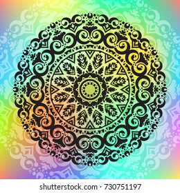 Beautiful vector hand drawn Indian ornament mandala on grunge background in watercolor style. Can be used to print on the phone, to create a poster, tattoo, yoga Mat.
