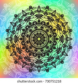 Beautiful vector hand drawn Indian ornament mandala on grunge background in watercolor style. Can be used to print on the phone, to create a poster, tattoo, yoga Mat.