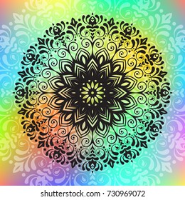 Beautiful vector hand drawn Indian ornament mandala on grunge background in watercolor style. Can be used to print on the phone, to create a poster, tattoo, yoga Mat.