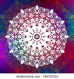Beautiful vector hand drawn Indian ornament mandala on grunge background in watercolor style. Can be used to print on the phone, to create a poster, tattoo, yoga Mat.
