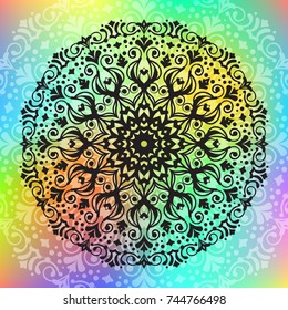 Beautiful vector hand drawn Indian ornament mandala on grunge background in watercolor style. Can be used to print on the phone, to create a poster, tattoo, yoga Mat.