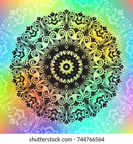 Beautiful vector hand drawn Indian ornament mandala on grunge background in watercolor style. Can be used to print on the phone, to create a poster, tattoo, yoga Mat.