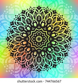 Beautiful vector hand drawn Indian ornament mandala on grunge background in watercolor style. Can be used to print on the phone, to create a poster, tattoo, yoga Mat.
