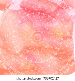 Beautiful vector hand drawn Indian ornament mandala on grunge background in watercolor style. Can be used to print on the phone, to create a poster, tattoo, yoga Mat.