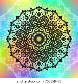 Beautiful vector hand drawn Indian ornament mandala on grunge background in watercolor style. Can be used to print on the phone, to create a poster, tattoo, yoga Mat.