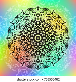 Beautiful vector hand drawn Indian ornament mandala on grunge background in watercolor style. Can be used to print on the phone, to create a poster, tattoo, yoga Mat.