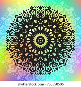 Beautiful vector hand drawn Indian ornament mandala on grunge background in watercolor style. Can be used to print on the phone, to create a poster, tattoo, yoga Mat.