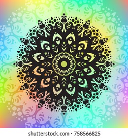 Beautiful vector hand drawn Indian ornament mandala on grunge background in watercolor style. Can be used to print on the phone, to create a poster, tattoo, yoga Mat.