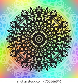Beautiful vector hand drawn Indian ornament mandala on grunge background in watercolor style. Can be used to print on the phone, to create a poster, tattoo, yoga Mat.