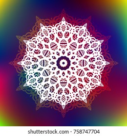 Beautiful vector hand drawn Indian ornament mandala on grunge background in watercolor style. Can be used to print on the phone, to create a poster, tattoo, yoga Mat.