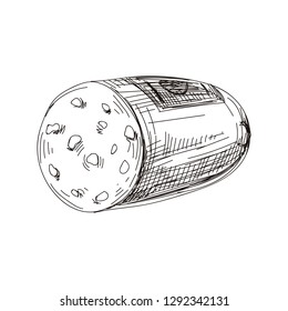 Beautiful vector hand drawn meat products Illustration. Detailed retro style boiled sausage image. Vintage sketch element for labels, packaging and cards design. Modern background.