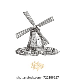 Beautiful vector hand drawn mill Illustration. Detailed retro style images. Vintage sketch for labels. Windmill drawing for logo design. 